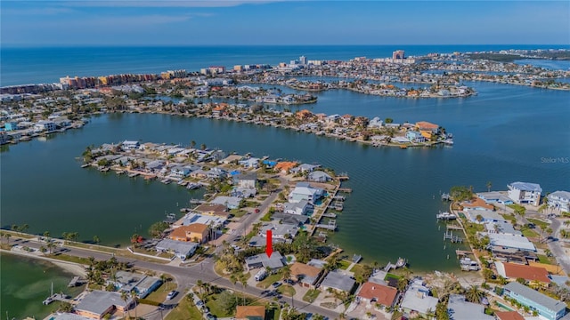 drone / aerial view with a water view