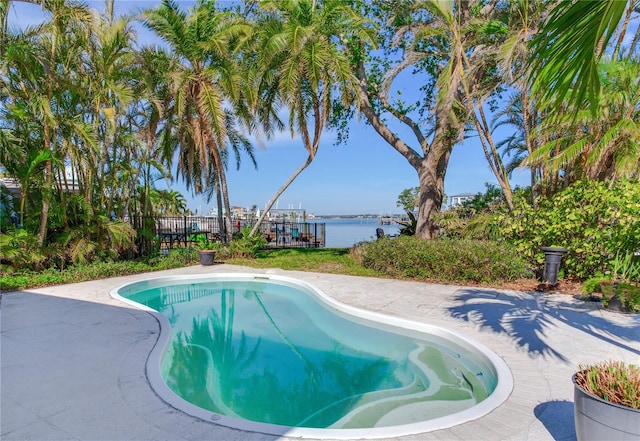 view of pool featuring a patio and a water view