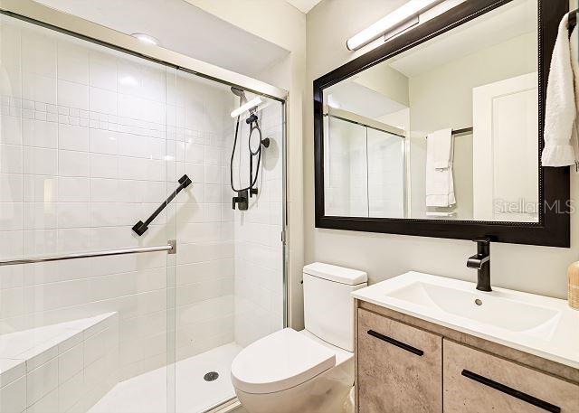 bathroom featuring vanity, toilet, and walk in shower