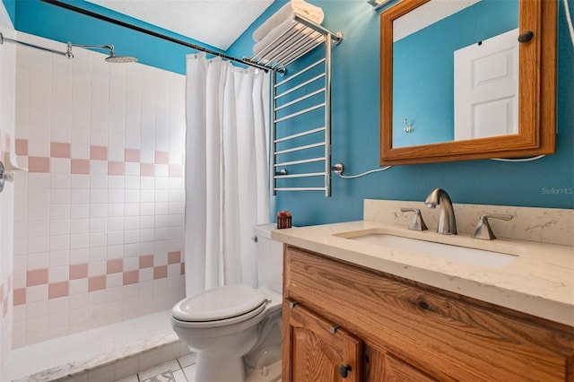 bathroom with curtained shower, tile patterned flooring, vanity, and toilet