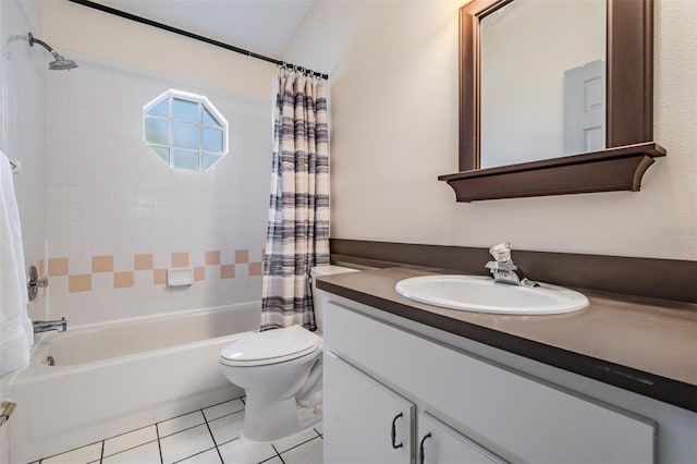 full bath with vanity, toilet, shower / tub combo, and tile patterned flooring