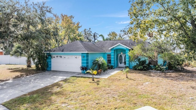 single story home featuring stucco siding, driveway, fence, a front yard, and an attached garage