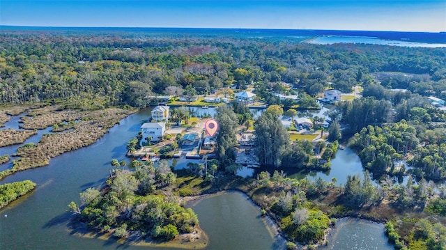 drone / aerial view with a water view