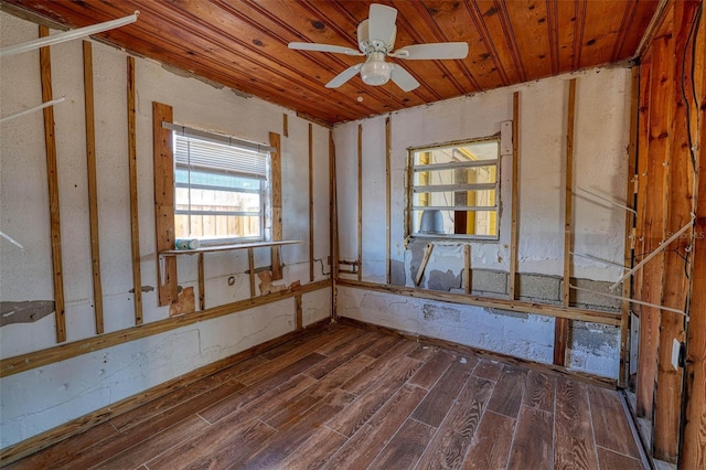 misc room with dark wood-type flooring, ceiling fan, and wood ceiling