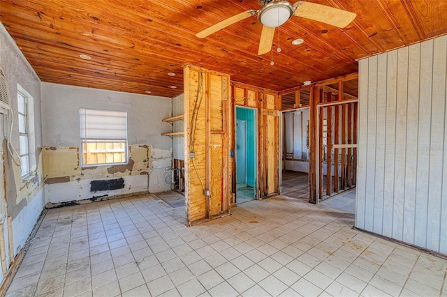 spare room featuring light tile patterned floors, wooden ceiling, and ceiling fan