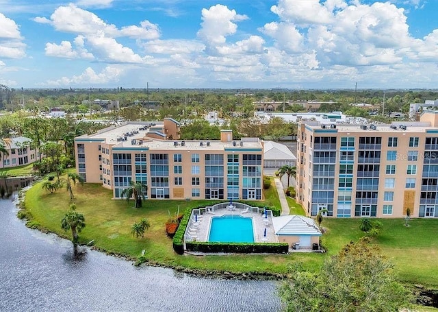 drone / aerial view with a water view