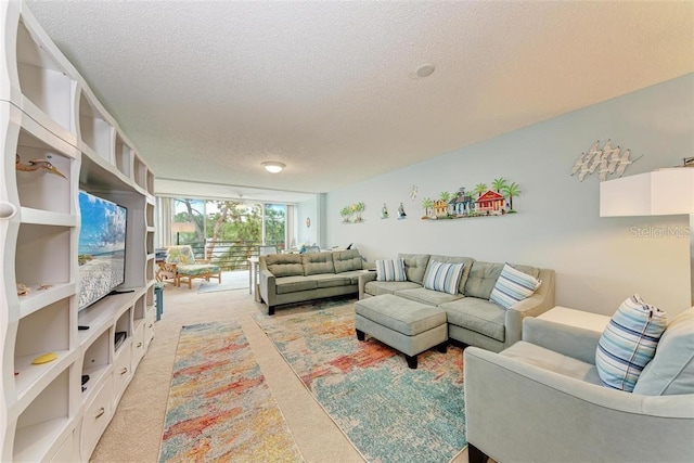 living room with light carpet and a textured ceiling