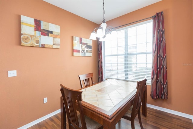 dining room with a chandelier, plenty of natural light, and dark wood-type flooring