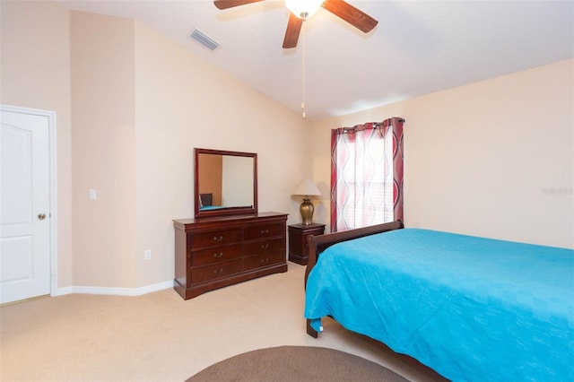 bedroom with light carpet, ceiling fan, and lofted ceiling