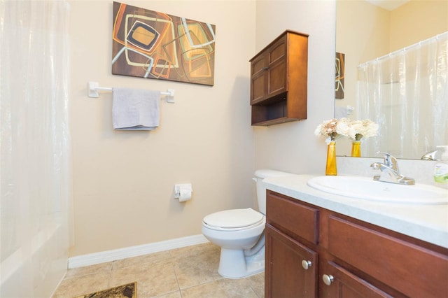 full bathroom featuring tile patterned flooring, vanity, shower / bath combination with curtain, and toilet