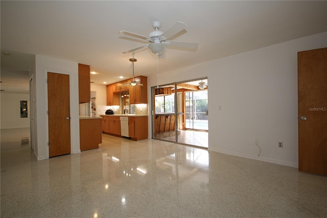 kitchen with hanging light fixtures, dishwasher, and ceiling fan