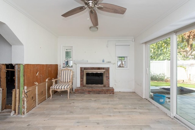 unfurnished room featuring ceiling fan, light wood-type flooring, a fireplace, and ornamental molding