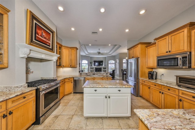 kitchen with decorative backsplash, stainless steel appliances, a raised ceiling, and light stone countertops