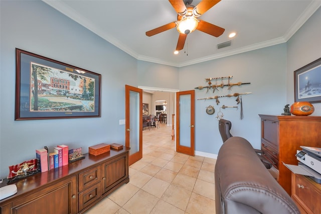 office space featuring ornamental molding, french doors, ceiling fan, and light tile patterned flooring