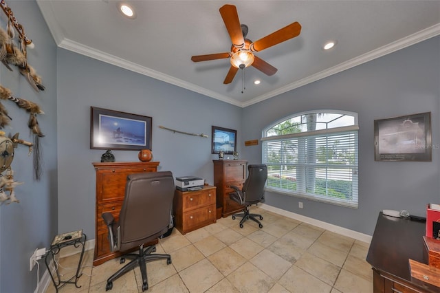 tiled office space featuring ornamental molding and ceiling fan