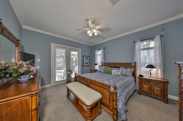 carpeted bedroom with crown molding, access to exterior, and ceiling fan