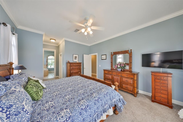 bedroom featuring crown molding, ceiling fan, and light carpet