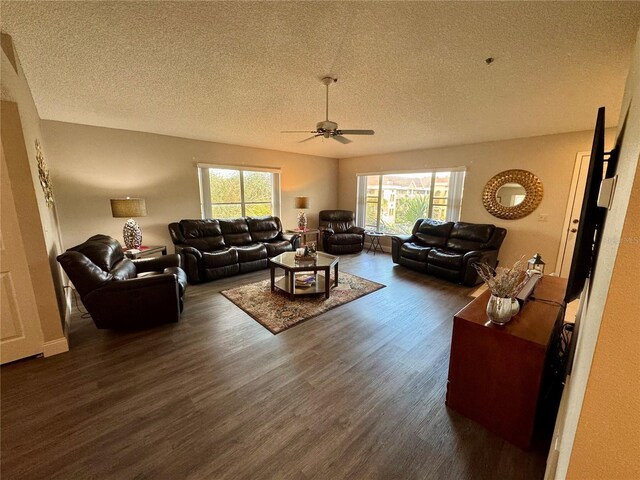 living room featuring ceiling fan, a textured ceiling, and dark hardwood / wood-style flooring