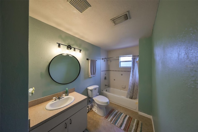 full bathroom featuring tile patterned flooring, vanity, shower / tub combo, and toilet