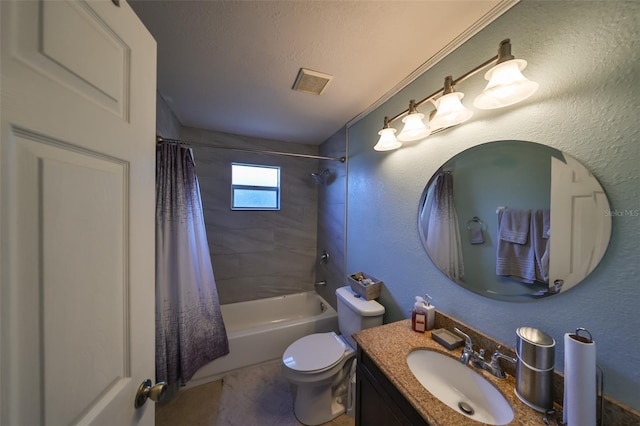 full bathroom with shower / bath combination with curtain, toilet, a textured ceiling, and vanity