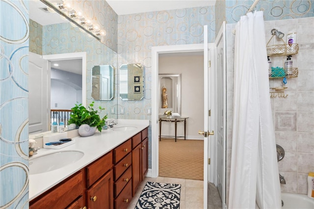 bathroom with shower / bath combination with curtain, vanity, tile patterned floors, and plenty of natural light