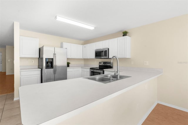 kitchen with sink, light hardwood / wood-style flooring, white cabinetry, kitchen peninsula, and stainless steel appliances