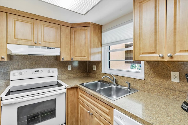 kitchen with backsplash, white range with electric cooktop, and sink