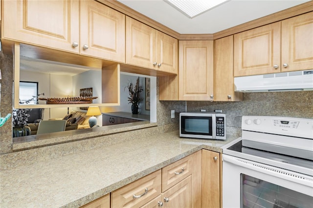 kitchen featuring white electric range, light brown cabinets, and backsplash