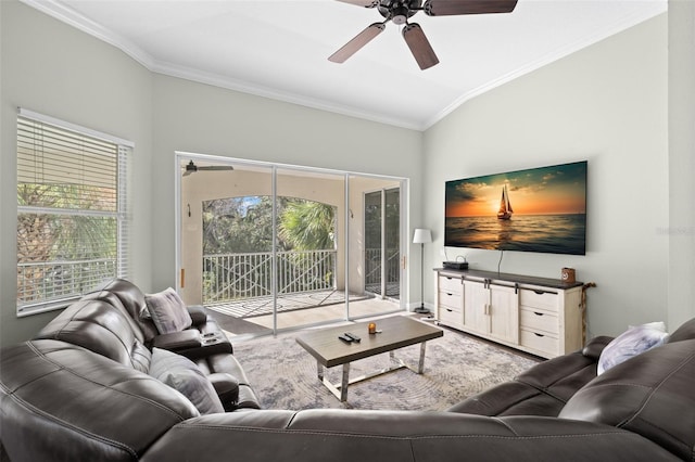 living room featuring crown molding, vaulted ceiling, and ceiling fan