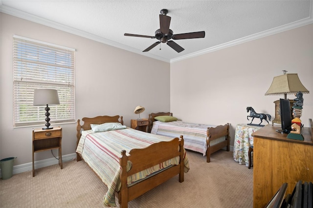 carpeted bedroom with crown molding, a textured ceiling, and ceiling fan