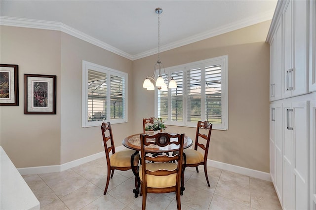 dining room with a chandelier, light tile patterned floors, and crown molding