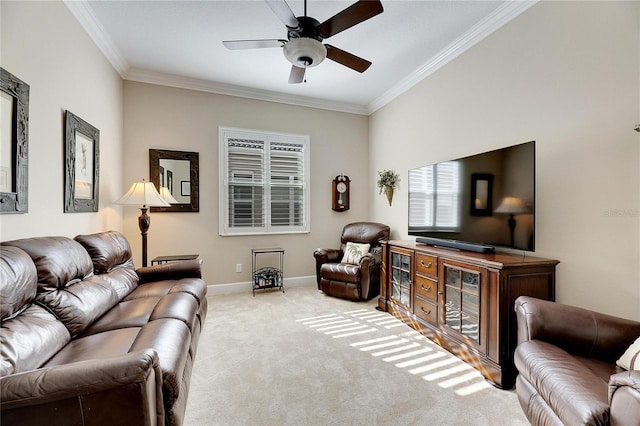 living room featuring light colored carpet, ceiling fan, and ornamental molding