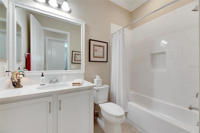 full bathroom with shower / tub combo, ornamental molding, vanity, tile patterned flooring, and toilet