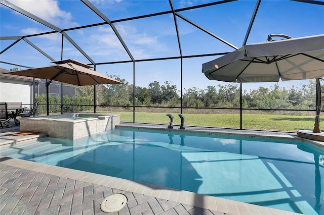 view of swimming pool featuring a lawn, glass enclosure, and an in ground hot tub