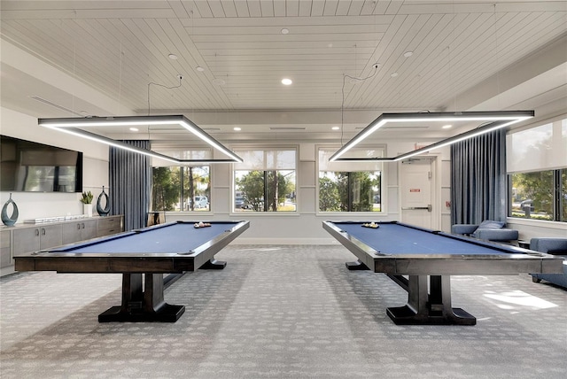 rec room featuring light colored carpet, wooden ceiling, and pool table