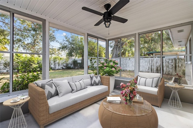 sunroom / solarium with a wealth of natural light and ceiling fan