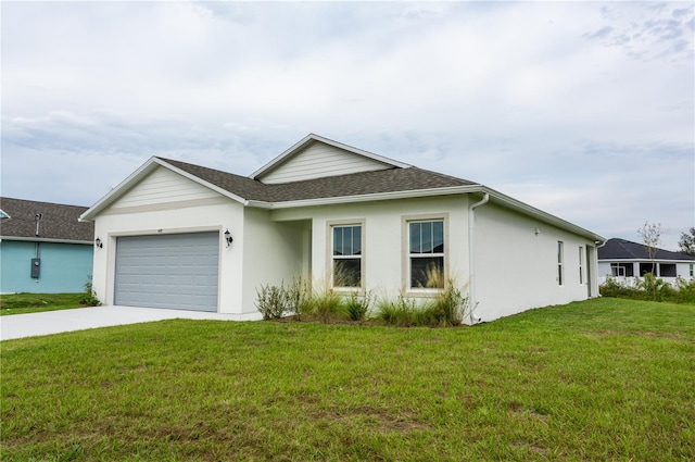 449 Grant Blvd, Lehigh Acres, FL 33974 - ranch-style house with an attached garage, a front yard, concrete driveway, stucco siding, and a shingled roof