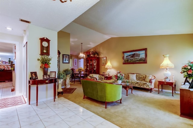 living room featuring light colored carpet and vaulted ceiling