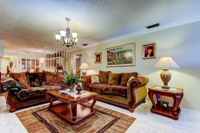 tiled living room featuring ornamental molding, a textured ceiling, and an inviting chandelier