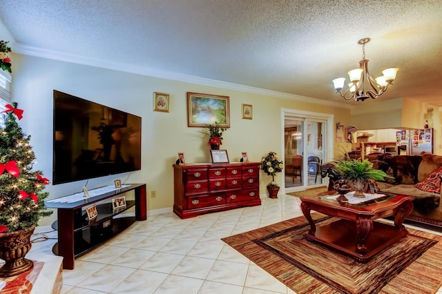 tiled living room with crown molding, a textured ceiling, and a notable chandelier