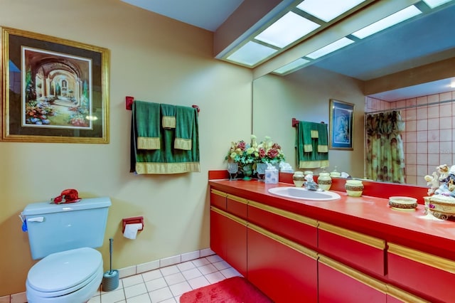 bathroom with tile patterned flooring, vanity, toilet, and a shower with shower curtain