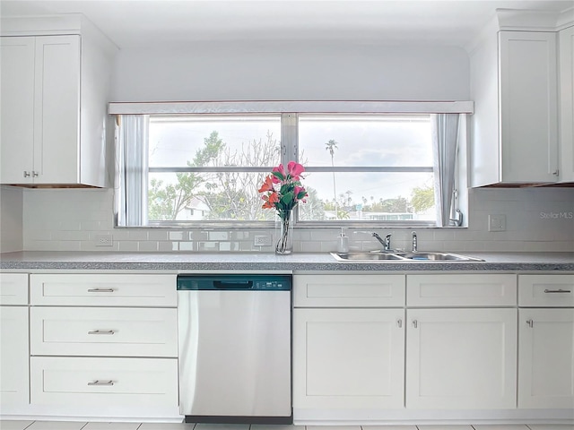 kitchen featuring backsplash, dishwasher, white cabinets, and sink