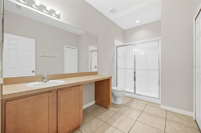 bathroom with tile patterned flooring, vanity, a shower with door, and toilet