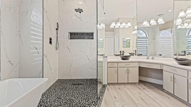 bathroom featuring plus walk in shower, wood-type flooring, and vanity