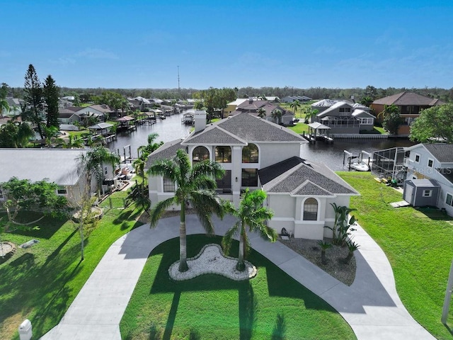 aerial view featuring a water view