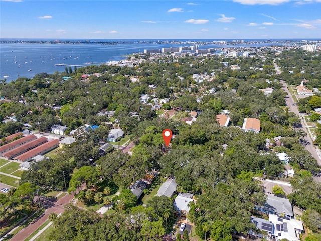 drone / aerial view with a water view