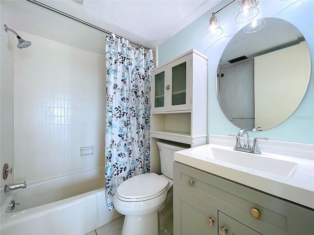 full bathroom featuring shower / bath combination with curtain, vanity, toilet, and tile patterned floors