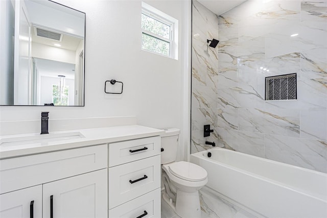 bathroom with marble finish floor, shower / bathtub combination, visible vents, toilet, and vanity