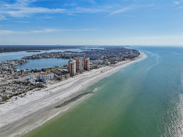 drone / aerial view with a view of the beach and a water view