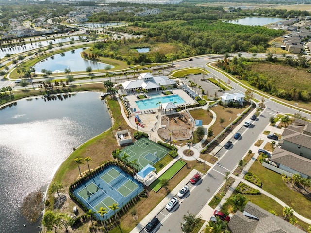 drone / aerial view featuring a water view